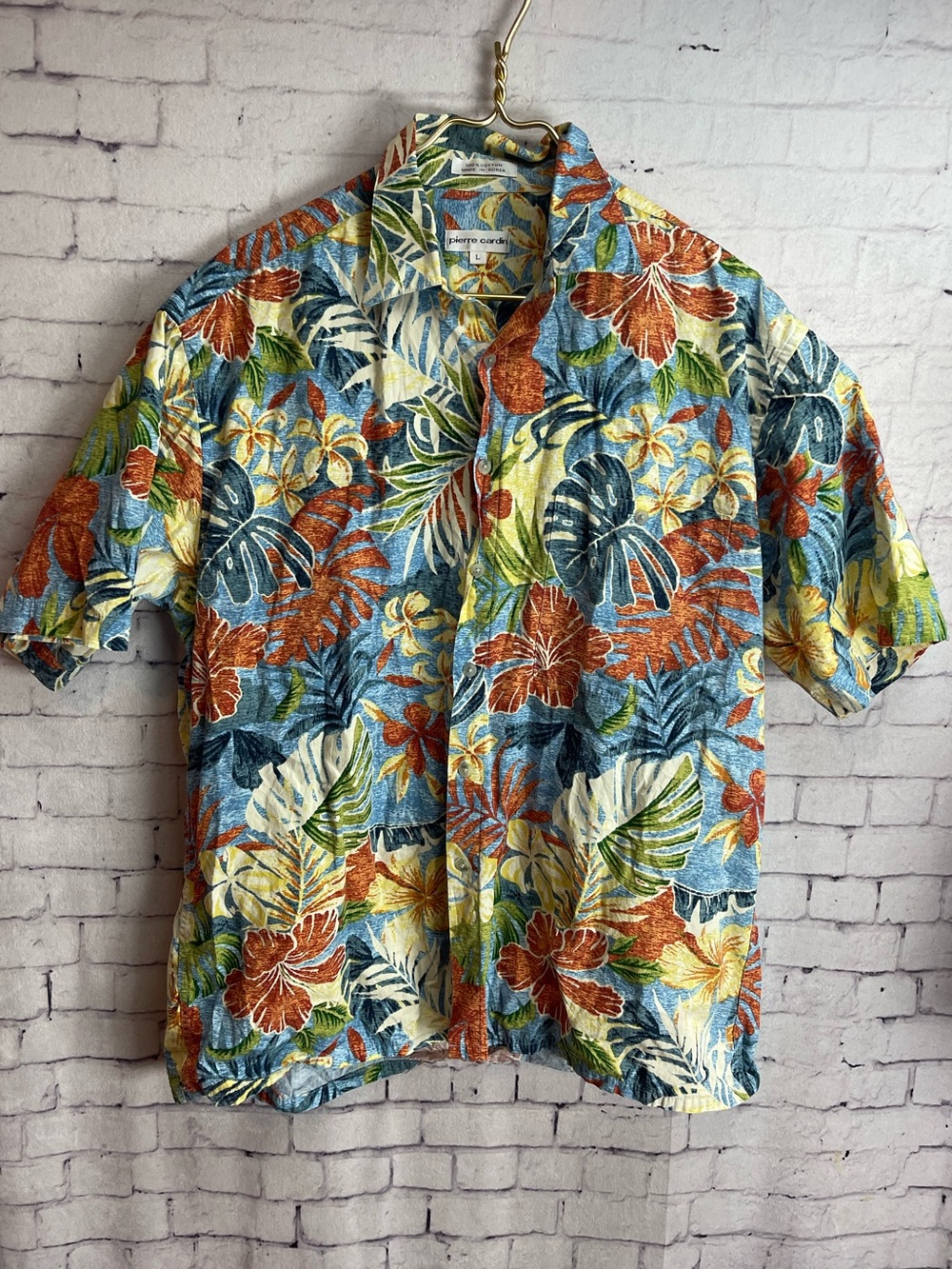 Pierre Cardin short sleeve button down shirt blue with colorful tropical print